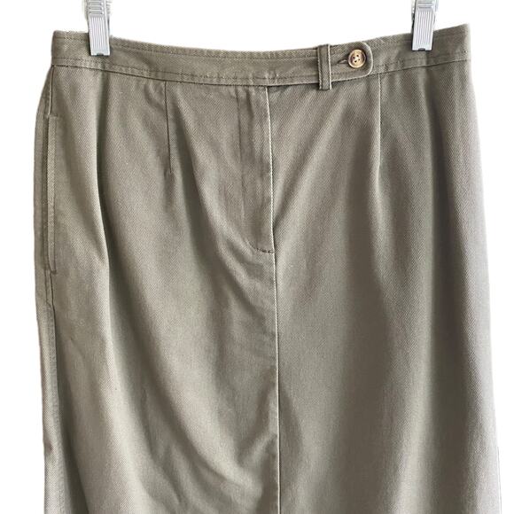 TALBOTS Sz 8 Skirt Cotton Long Neutral Minimalist Academia Back Slit Sage Modest - Picture 5 of 9